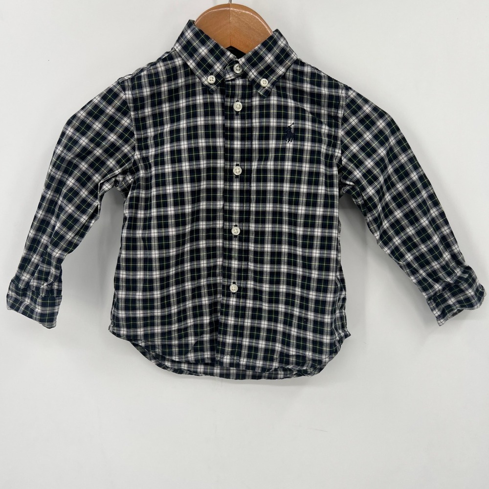 Polo Ralph Lauren Kids 18M Plaid Button Down Shirt Navy Green Natural Stretch